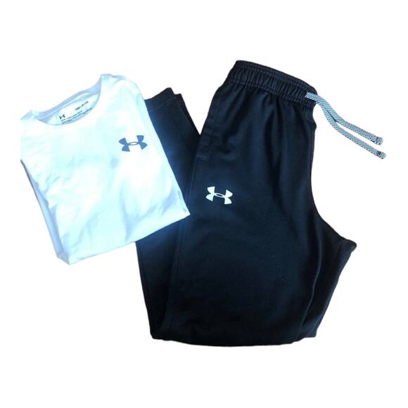 Under Armour black sweatpants pants & white t-shirt size youth medium - Picture 1 of 11